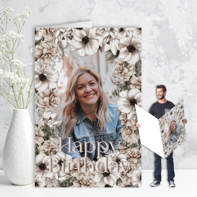 Rustic Floral Photo Oversized Birthday Card (Creator Uploaded)