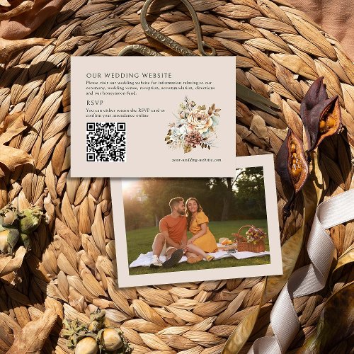 Rustic Floral Photo QR Code Wedding Website Enclosure Card