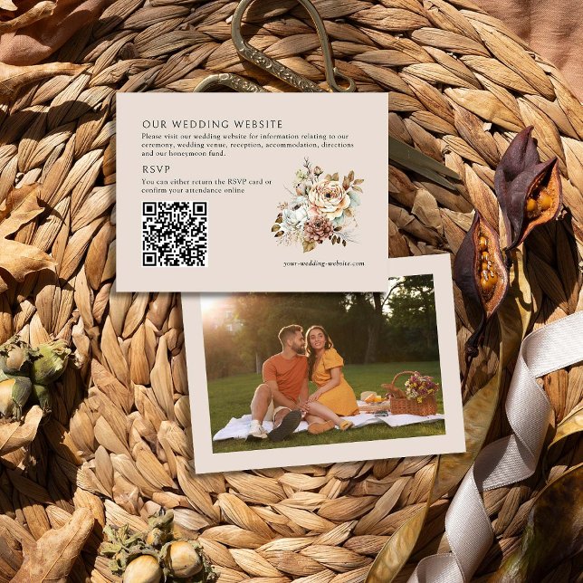 Rustic Floral Photo QR Code Wedding Website Enclosure Card (Wedding Website QR Code card from Rustic Floral Brown Neutral Wedding Collection by Darling & May)