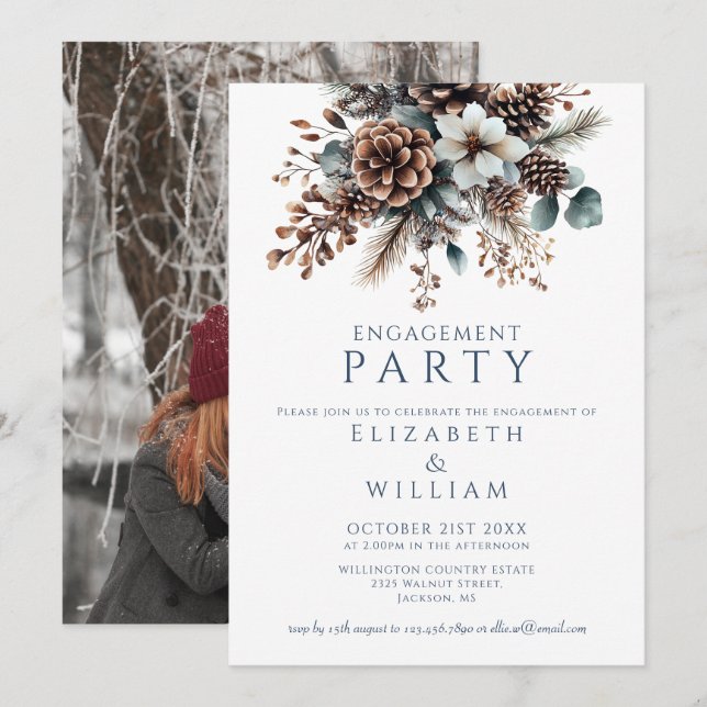 Rustic Floral Pinecone Engagement Party Photo Invitation (Front/Back)