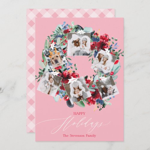 Rustic floral pink 6 photos Christmas wreath happy Holiday Card