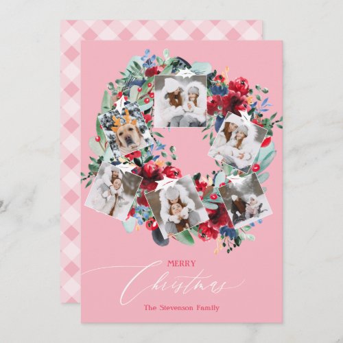 Rustic floral pink 6 photos Christmas wreath Holiday Card