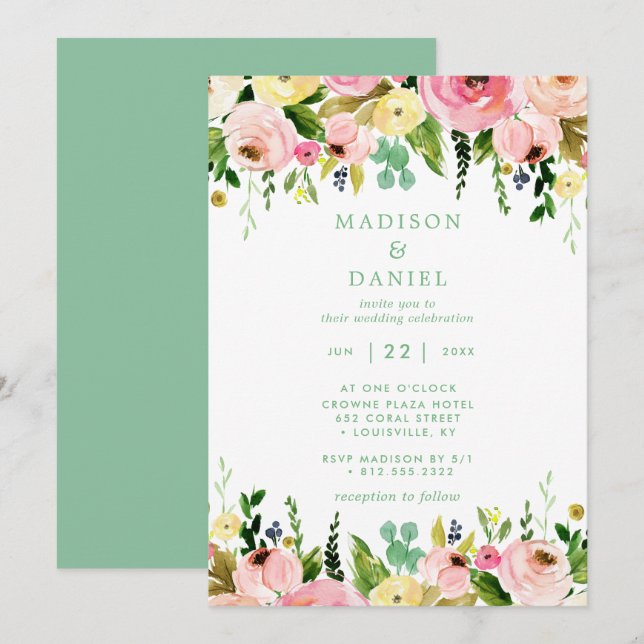 Rustic Floral Pink And Mint Green Wedding Invitation (Front/Back)