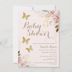 Rustic Floral Pink Butterflies Baby Shower Invitation