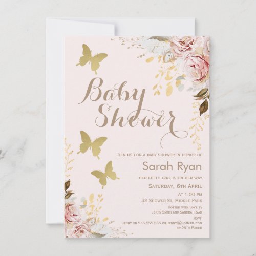 Rustic Floral Pink Butterflies Baby Shower Invitation