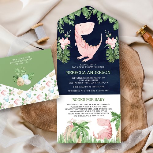 Rustic Floral Pink Dinosaur Navy Blue Baby Shower All In One Invitation
