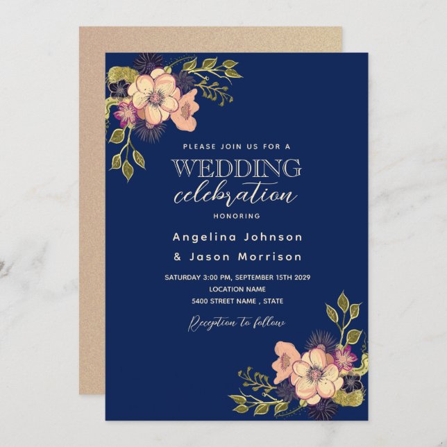 Rustic Floral Pink Navy Blue Wedding Invitation (Front/Back)