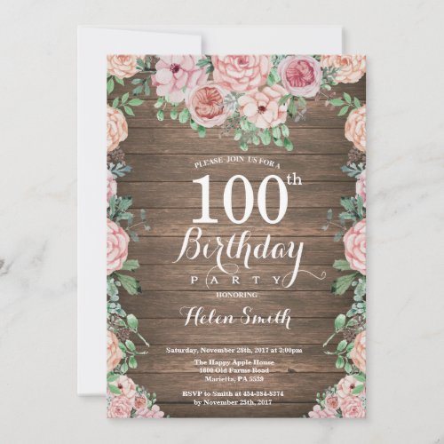 Rustic Floral Pink Peonies 100th Birthday Invitation