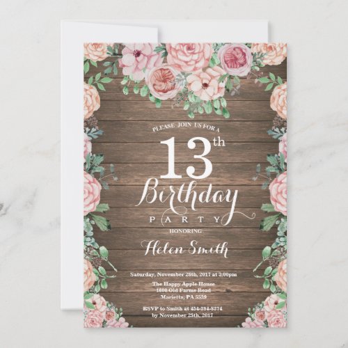 Rustic Floral Pink Peonies 13th Birthday Invitation