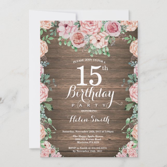 Rustic Floral Pink Peonies 15th Birthday Invitation (Front)