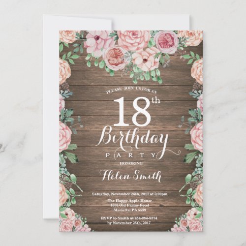 Rustic Floral Pink Peonies 18th Birthday Invitation