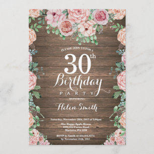 Rustic Floral Pink Peonies 30th Birthday Invitation