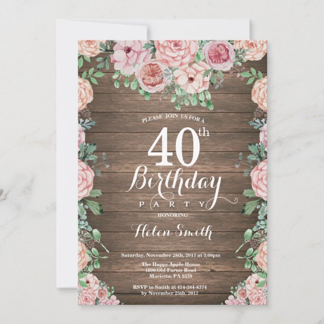 Rustic Floral Pink Peonies 40th Birthday Invitation (Front)