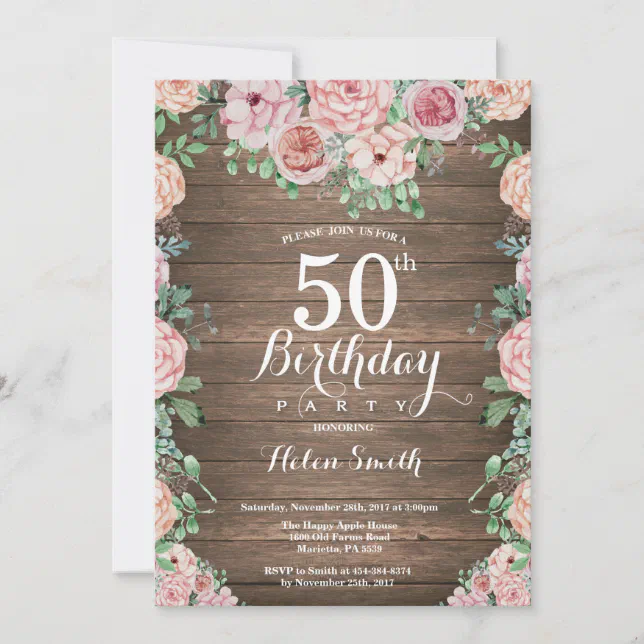 Rustic Floral Pink Peonies 50th Birthday Invitation | Zazzle