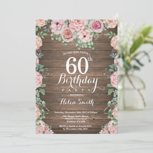 Rustic Floral Pink Peonies 60th Birthday Invitation | Zazzle