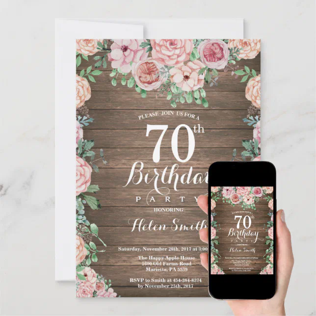 Rustic Floral Pink Peonies 70th Birthday Invitation | Zazzle