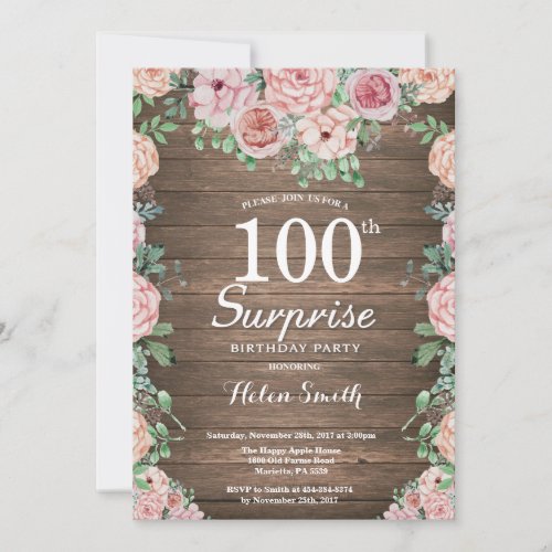 Rustic Floral Pink Peonies Surprise 100th Birthday Invitation