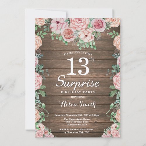 Rustic Floral Pink Peonies Surprise 13th Birthday Invitation