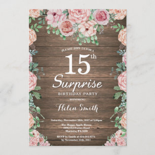Rustic Floral Pink Peonies Surprise 15th Birthday Invitation