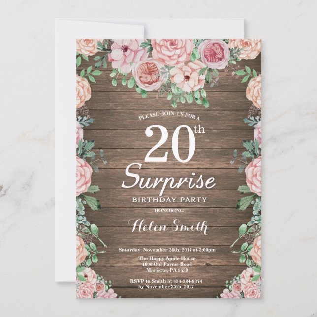 Rustic Floral Pink Peonies Surprise 20th Birthday Invitation (Front)