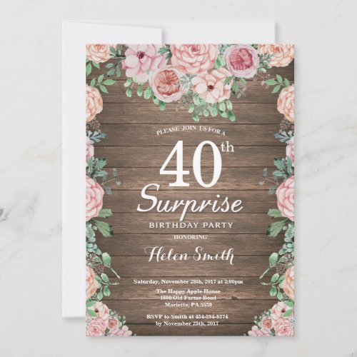 Rustic Floral Pink Peonies Surprise 40th Birthday Invitation