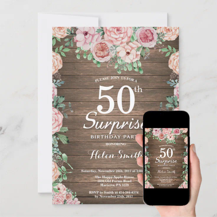Rustic Floral Pink Peonies Surprise 50th Birthday Invitation | Zazzle