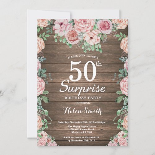 Rustic Floral Pink Peonies Surprise 50th Birthday Invitation
