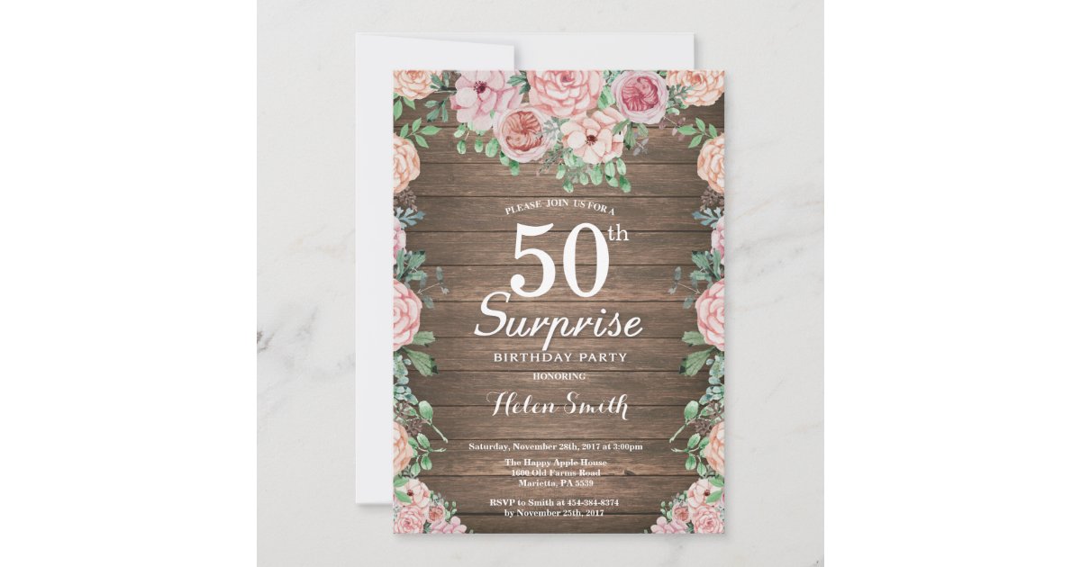 Rustic Floral Pink Peonies Surprise 50th Birthday Invitation | Zazzle