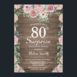 Rustic Floral Pink Peonies Surprise 80th Birthday Invitation<br><div class="desc">Rustic Floral Pink Peonies Surprise 80th Birthday Invitation for Women. Watercolor Floral Flower. Elegant Pink Rose and Peony Flowers. Adult Birthday. Rustic Wood Background. Country Vintage Retro. 13th 15th 16th 18th 20th 21st 30th 40th 50th 60th 70th 80th 90th 100th, Any Ages. For further customization, please click the "Customize it"...</div>