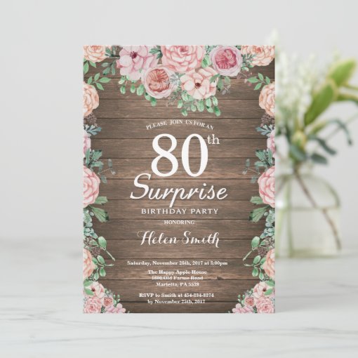 Rustic Floral Pink Peonies Surprise 80th Birthday Invitation | Zazzle