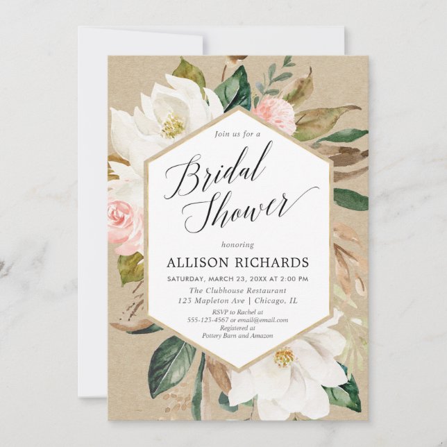 Rustic floral pink white magnolia bridal shower invitation (Front)