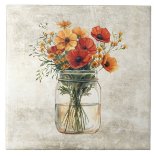 Rustic Floral Poppies in Vintage Jar Ceramic Tile
