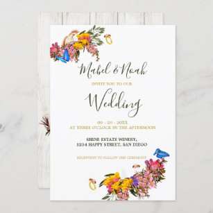 Rustic Floral Protea Cockatoo Sustainable Wedding Invitation