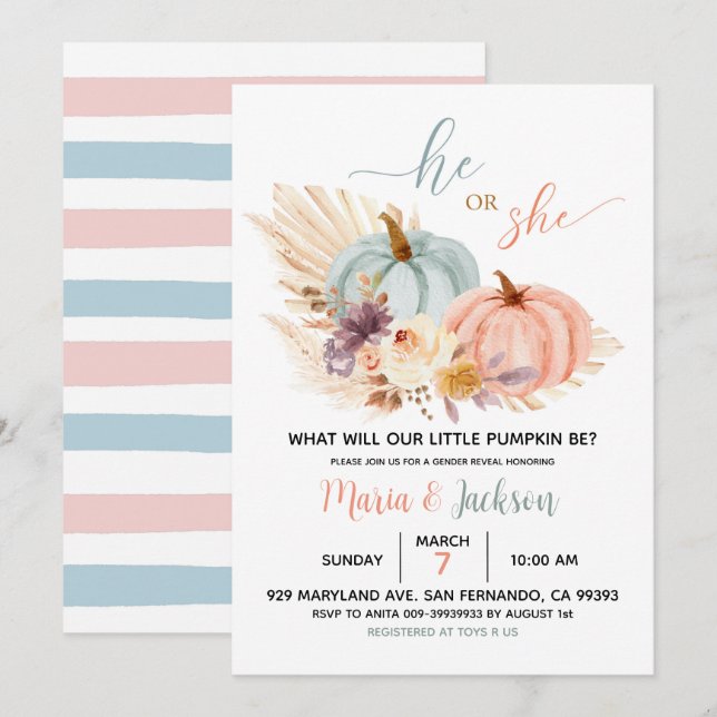Rustic Floral Pumpkin Baby Gender Reveal Invite (Front/Back)
