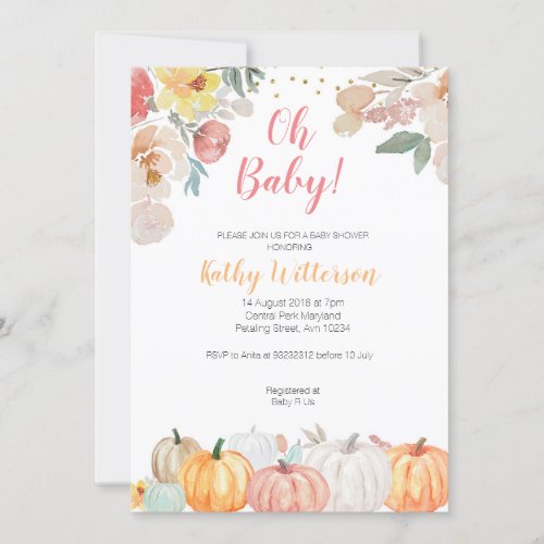 Rustic floral pumpkin baby shower invitation