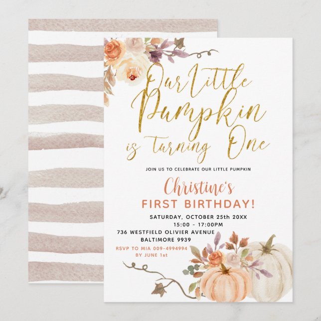 Rustic Floral Pumpkin Birthday Invitation (Front/Back)