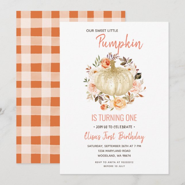 Rustic Floral Pumpkin Birthday Invitation (Front/Back)