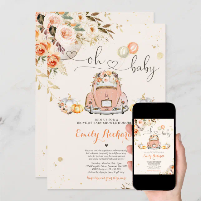 Rustic Floral Pumpkin Drive By Baby Shower Invitation Zazzle