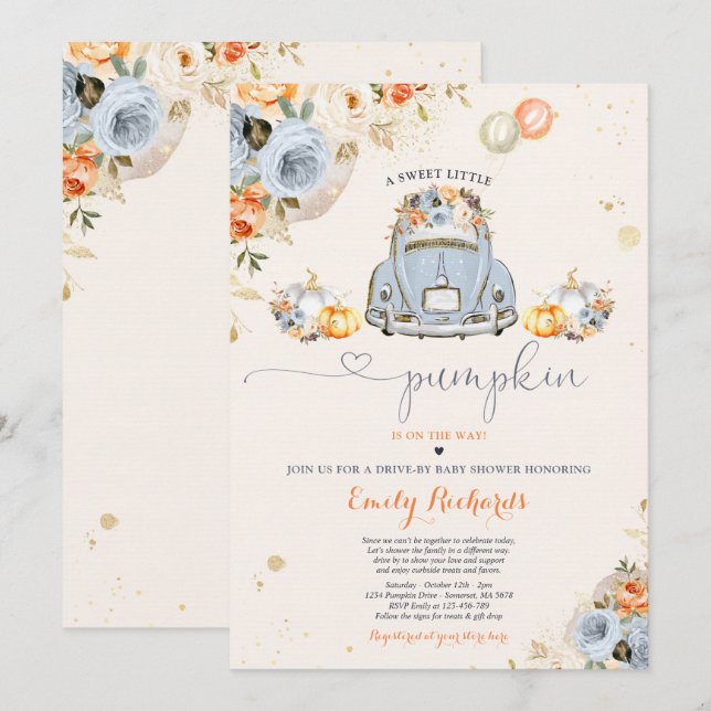 Rustic Floral Pumpkin Drive By Baby Shower Invitation (Front/Back)