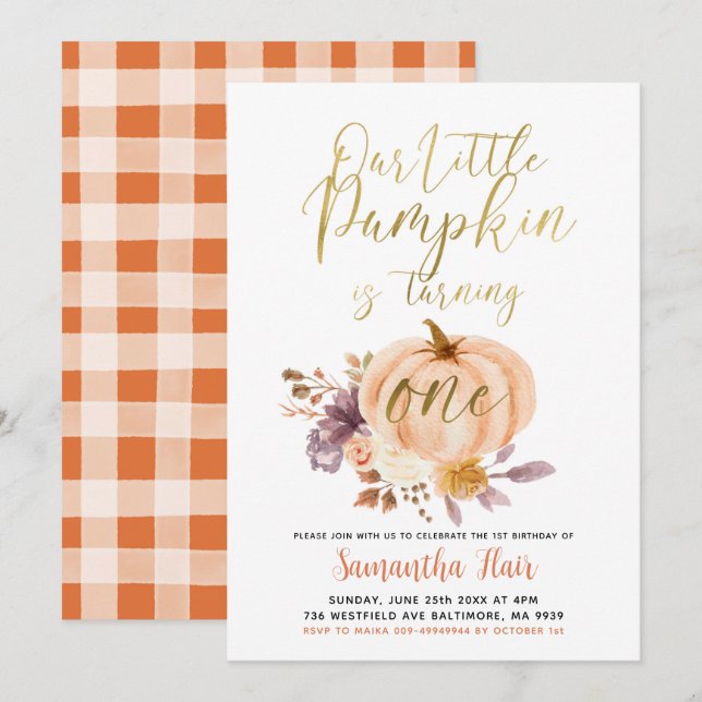 Rustic Floral Pumpkin Is Turning One Birthday Invitation (Front/Back)