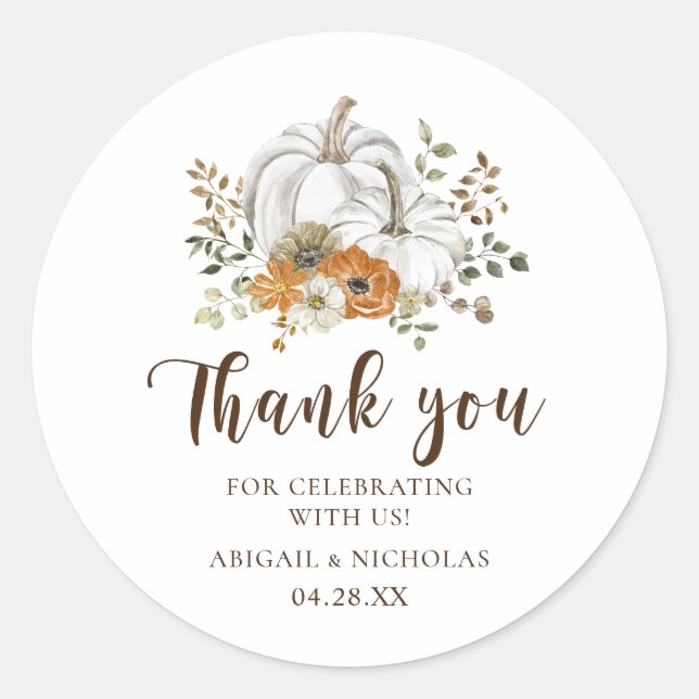 Rustic Floral Pumpkin Wedding Thank You Sticker  (Front)