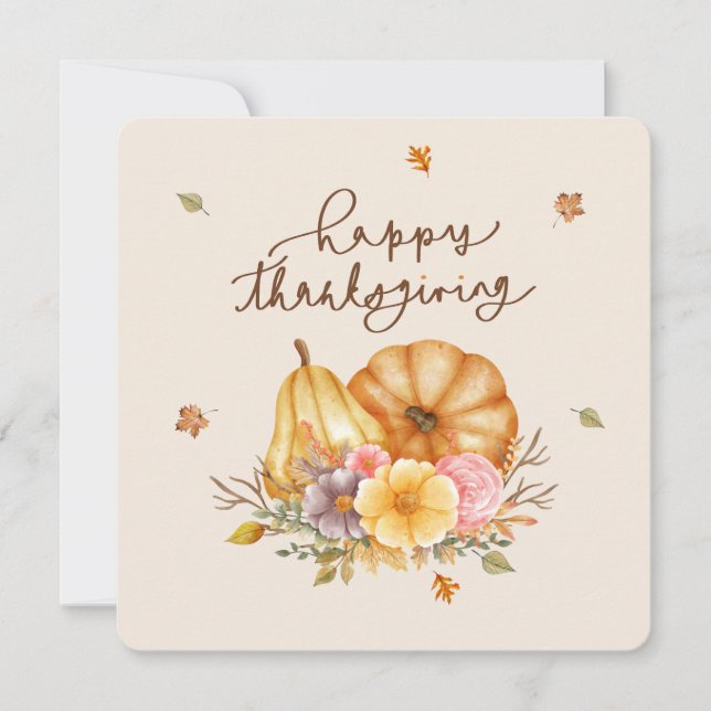 Rustic Floral Pumpkins Happy Thanksgiving Card (Front)
