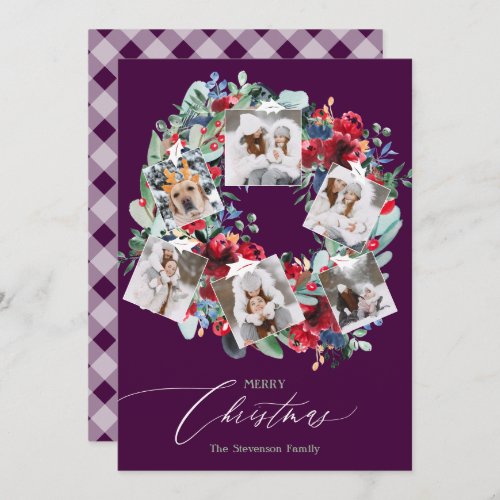 Rustic floral purple 6 photos Christmas wreath Holiday Card