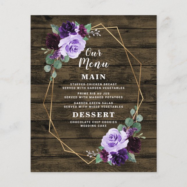 Rustic Floral Purple and Gold Wedding Menu Cards (Front)