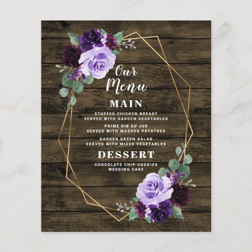 Rustic Floral Purple and Gold Wedding Menu Cards