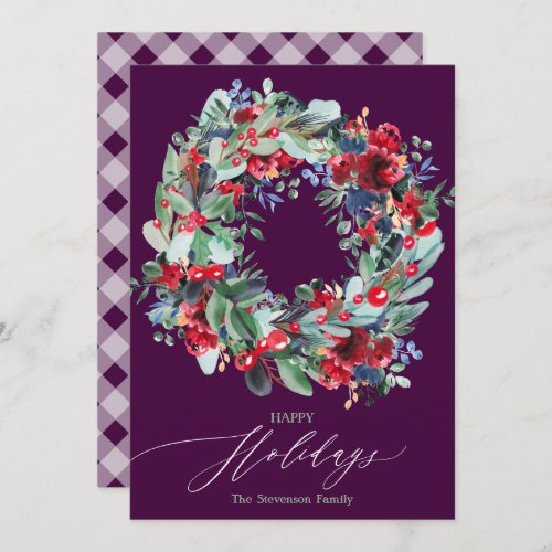 Rustic floral purple Christmas wreath happy Holiday Card