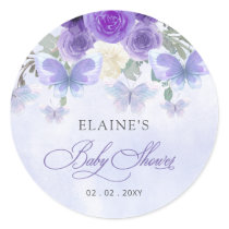 Rustic Floral Purple Lilac Butterflies Baby Shower Classic Round Sticker