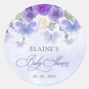 Rustic Floral Purple Lilac Butterflies Baby Shower Classic Round Sticker