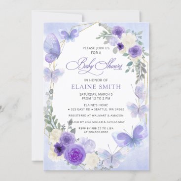 Rustic Floral Purple Lilac Butterflies Baby Shower Invitation