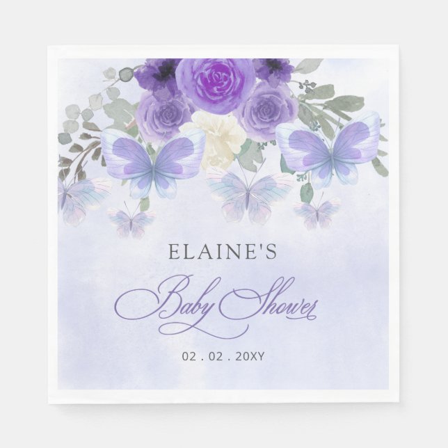 Rustic Floral Purple Lilac Butterflies Baby Shower Napkins (Front)